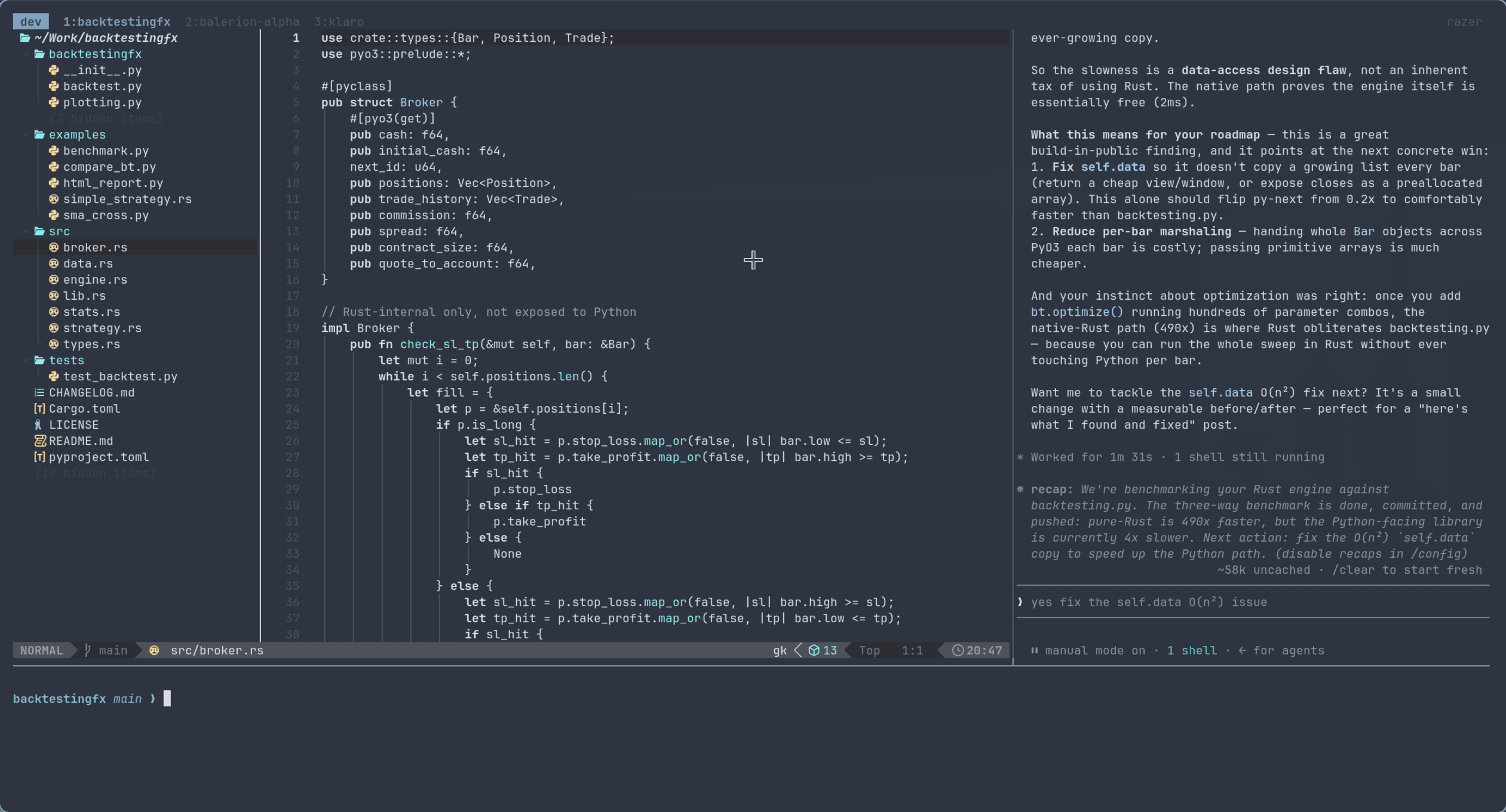 Omarchy desktop running the Hyprland tiling window manager on Arch Linux with Neovim editing Rust code and an AI coding agent terminal side by side